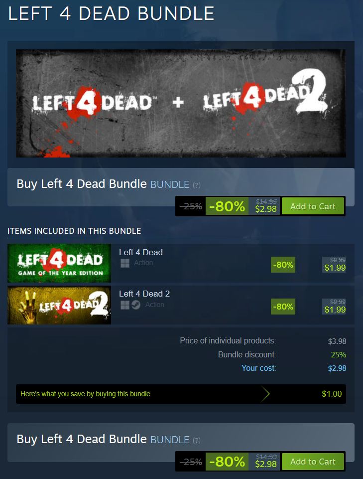 videogamedeals's tweet photo. (PCDD) Left 4 Dead Bundle $2.98 via Steam. https://t.co/6ykd652IPd https://t.co/MID4ugeUU4