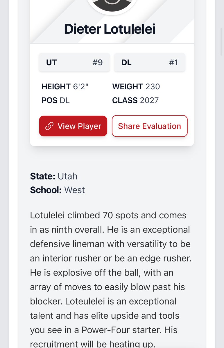 D_Lotulelei8's tweet image. Blessed to be ranked #1 for DL and #9 overall in ‘27 class
@PrepRedzoneUT @Andy_Pham1
@coachsolovi @CFala3 @CoachSiuhengalu @BrandonHuffman @BlairAngulo @westpanthersfb