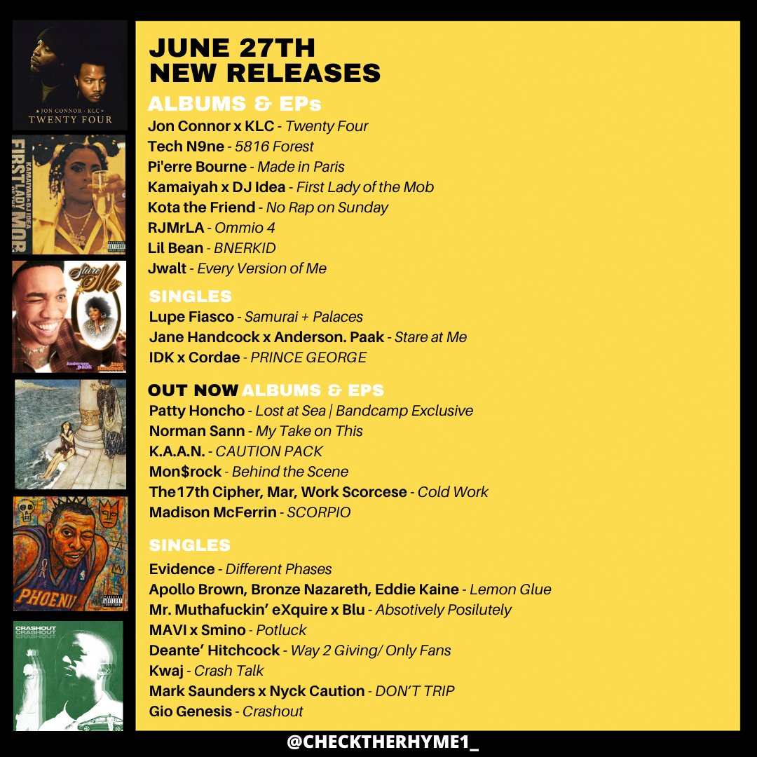 🚨 This week's new drops 

Lupe Fiasco
Evidence
Apollo Brown, Bronze Nazareth, Eddie Kaine
Jon Connor x KLC
Tech N9ne
Smino x MAVI
Kamaiyah x DJ Idea
Kota the Friend
Lil Bean
Jane Handcock x Anderson. Paak
Patty Honcho
Mr. Muthafuckin eXquire x Blu
IDK x Cordae
Mon$rock
+more