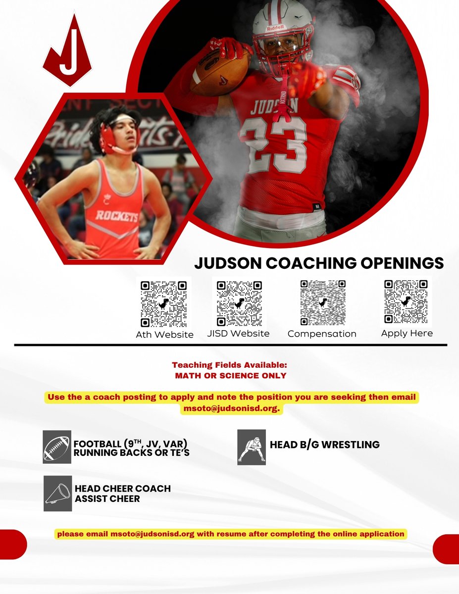Coach Soto (@coachsotopop) on Twitter photo Head Wrestling and premier football positions for Science and Math coaches. Apply and email Coach Soto at msoto@judsonisd.org. Must be a certified math or science teacher in Texas. Head Wrestling and premier football positions for Science and Math coaches. Apply and email Coach Soto at msoto@judsonisd.org. Must be a certified math or science teacher in Texas.