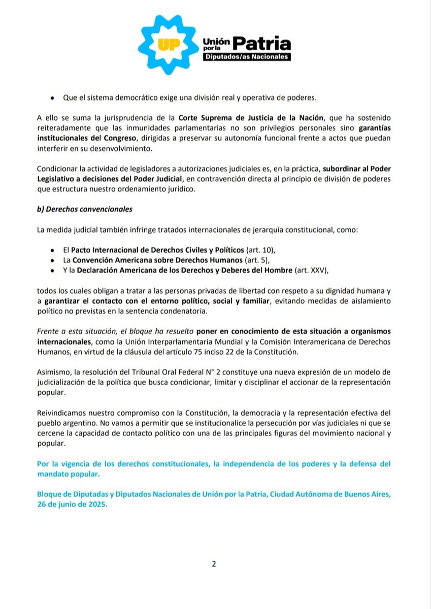 📄‼️ • Declaración del Bloque de Diputados/as de Unión por la Patria.

DEMOCRACIA EN RIESGO: LA JUSTICIA LIMITA EL EJERCICIO DE REPRESENTACIÓN PARLAMENTARIA. 

⬇️