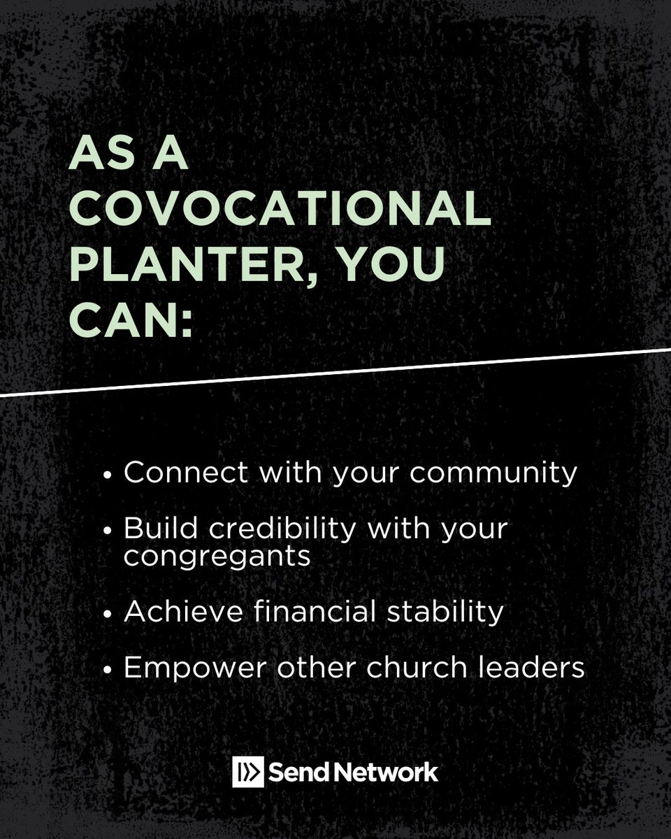 You don’t have to choose between a secular vocation and a sacred calling.

As a covocational planter, you can: 
⏺️ Connect with your community
⏺️ Build credibility with your congregants
⏺️ Achieve financial stability
⏺️ Empower other church leaders

sendnetwork.com/covo