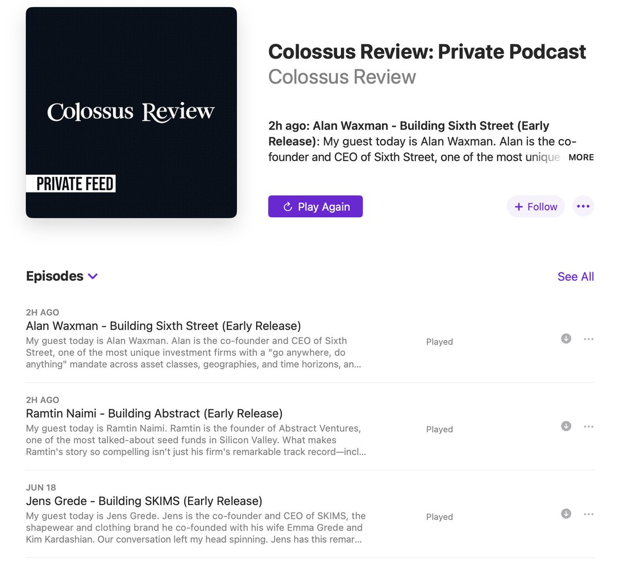 Patrick OShaughnessy (@patrick_oshag) on Twitter photo These three episodes (currently in the <a href="/ColossusReview/">Colossus Review</a> private feed) are some of my favorites in a long time.
Abstract, Sixth Street, and SKIMS are each totally fascinating as are their founders. These three episodes (currently in the <a href="/ColossusReview/">Colossus Review</a> private feed) are some of my favorites in a long time.
Abstract, Sixth Street, and SKIMS are each totally fascinating as are their founders.