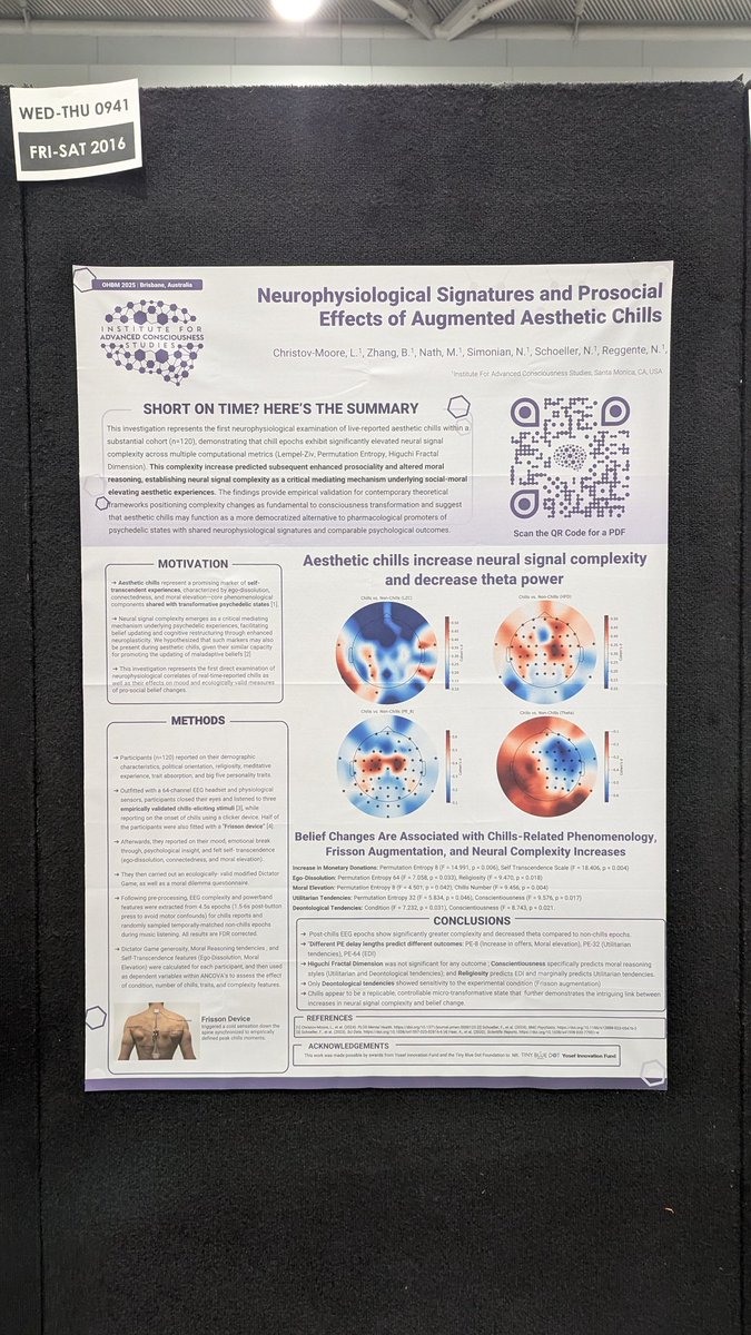 🎵✨ Are aesthetic chills a drug-free, "technodelic" route to altered states capable of promoting belief updating?

Our #OHBM2025 poster reveals how aesthetic chills trigger self-transcendent phenomenology and pro-social behaviors that scale with increases in neural complexity