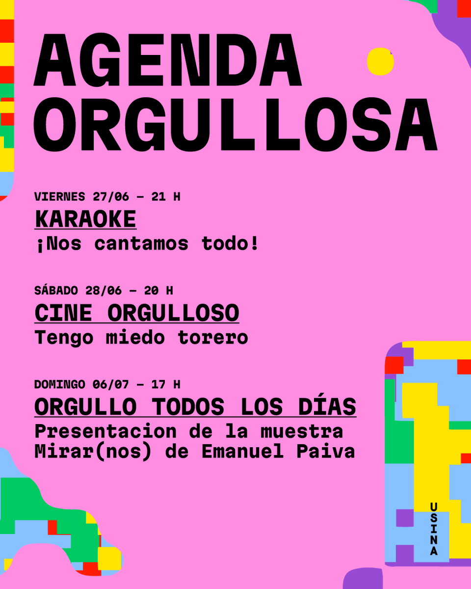 🌈 ¡Agenda Orgullosa de La Usina!
Celebramos el orgullo con música, cine y arte disidente.

🎤 27/06 - Karaoke
🎬 28/06 - Cine: Tengo miedo torero
🖼️ 06/07 - Muestra Mirar(nos) de Emanuel Paiva

¡Te esperamos! 🏳️‍🌈

#Orgullo2025 #UsinaSocial
