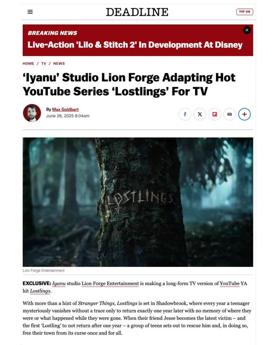 LionForgeEnter's tweet image. 🚨 @LionForgeEnter + Tales Vision are turning YouTube smash #Lostlings (17 M views) into a live-action YA mystery series! Production starts this summer—details in the @DEADLINE exclusive. 🔗
deadline.com/2025/06/lostli…