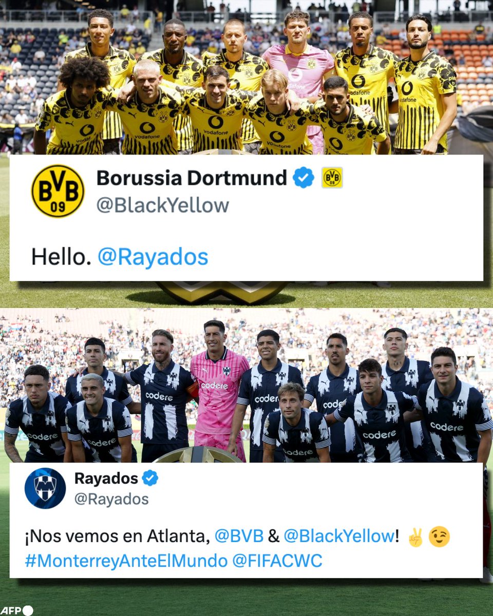 InvictosSomos's tweet photo. Y antes de enfrentarse en los octavos de final del nuevo torneo de la FIFA, Borussia Dortmund y Rayados se dejaron mensajes de deportividad y buena onda. Qué hermoso es ver esta interacción entre un club mexicano y un club histórico de Europa. Qué partidazo nos espera, señoras y señores. LA MAGIA DEL MUNDIAL DE CLUBES.