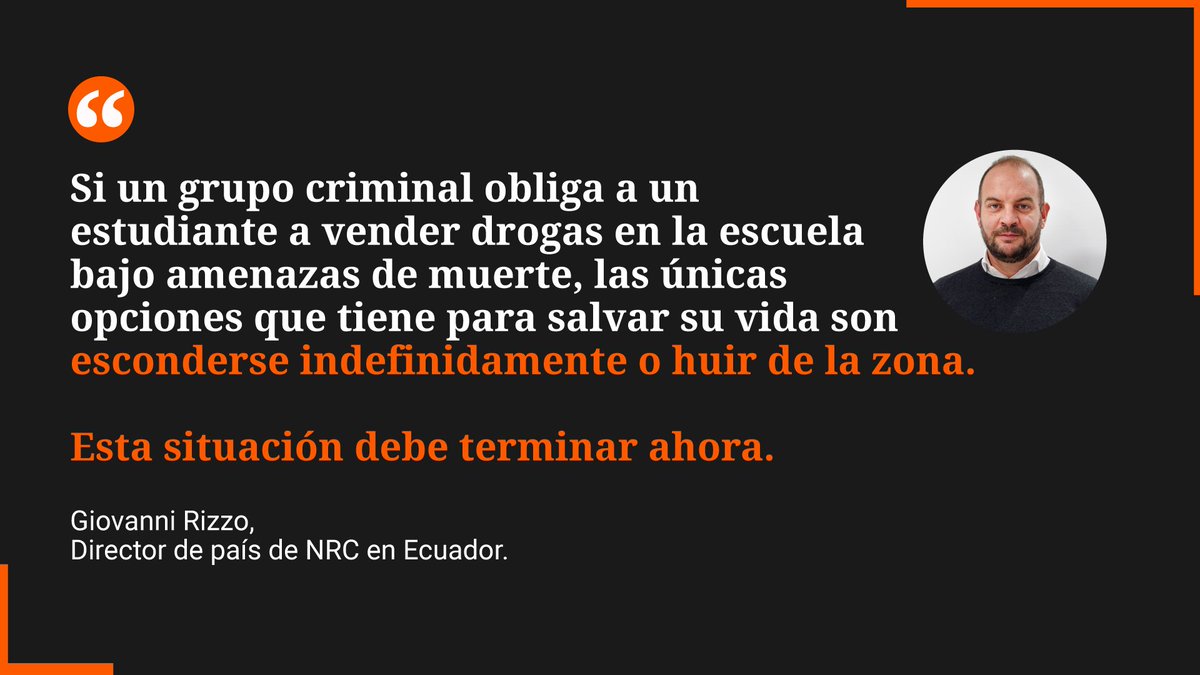 "Las escuelas en #Ecuador deben ser espacios seguros, libres de amenazas que obliguen a los estudiantes a abandonar sus hogares y comunidades”, afirma Giovanni Rizzo, director de país de NRC en Ecuador.

Lee nuestro comunicado👉nrc.org.co/ultimas-notici…