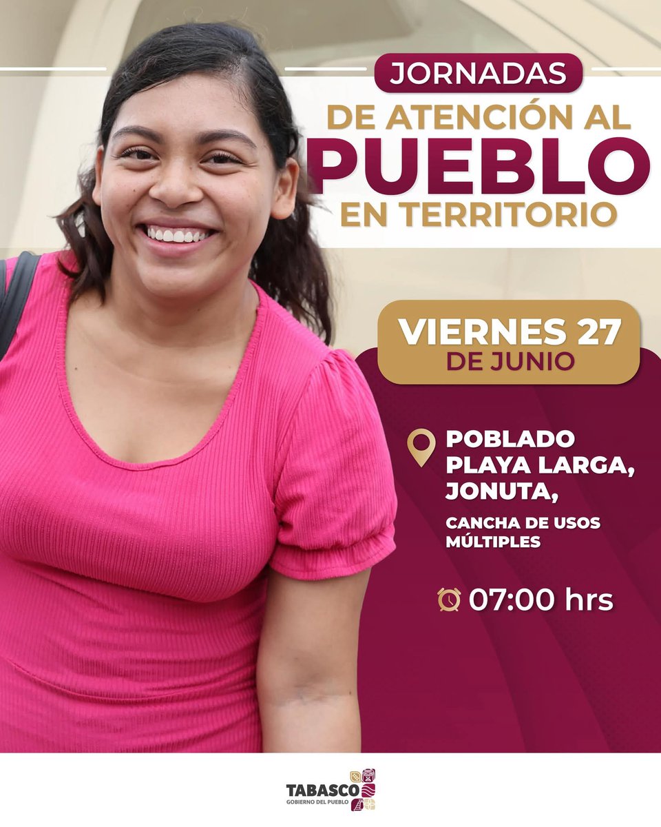 📍Este viernes 27 de junio, las Jornadas de Atención al Pueblo en Territorio llegan al poblado Playa Larga, en Jonuta.

📌 Te esperamos desde las 7:00 a.m. en la cancha de usos múltiples para que realices tus trámites y accedas a servicios de forma directa y sin intermediarios.