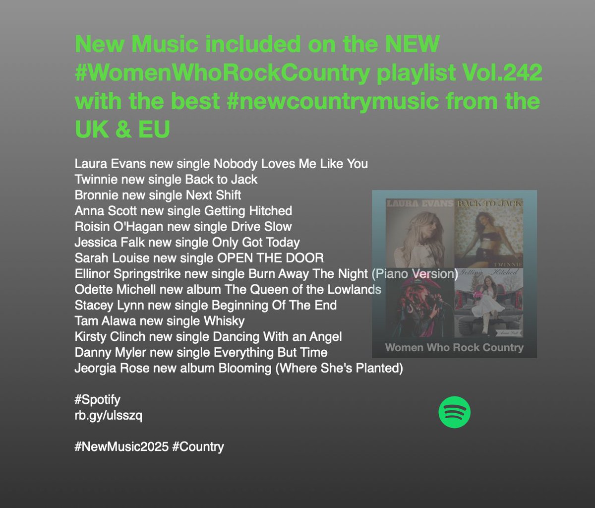 New Music included on the NEW #WomenWhoRockCountry playlist Vol.242 with the best #newcountrymusic from the UK &amp; EU 
<a href="/Rosey_Roisin/">Roisin O'Hagan</a>
<a href="/FalkJessica/">Jessica Falk</a>
<a href="/sarahlou2u/">𝕊𝕒𝕣𝕒𝕙 𝕃𝕠𝕦𝕚𝕤𝕖</a>
<a href="/ESpringstrike/">Ellinor Springstrike</a>
<a href="/odettemichell/">Odette Michell</a>
<a href="/staceylynncrowe/">Stacey Lynn</a>
<a href="/tam_alawa/">Tam Alawa</a>
<a href="/ClinchKirsty/">Kirsty Clinch</a>
<a href="/jeorgiarose15/">Jeorgia Rose</a>

#NewMusic2025 #Country