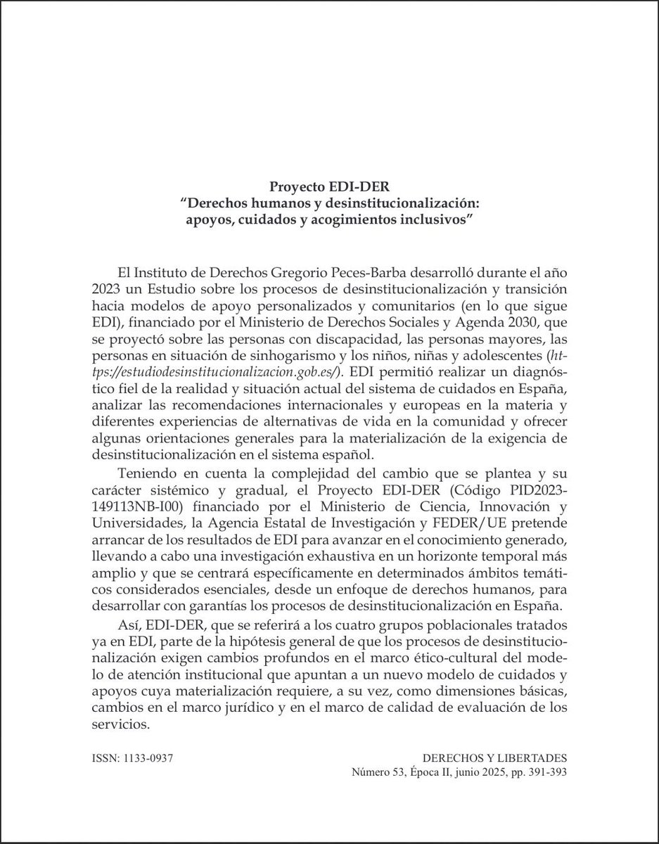 📘 #RevistaDerechosyLibertades Nº 53 (2025) <a href="/idhbc_uc3m/">Derechos Humanos (IDHPB)</a> <a href="/uc3m/">UC3M</a> <a href="/dykinsonlibros/">Librería - Editorial Dykinson 📚</a>

📣 Hoy en la sección #Noticias 🗞️ “Proyecto derechos humanos y desinstitucionalización: apoyos, cuidados y acogimientos inclusivos” a cargo de <a href="/patcuenca/">Patricia Cuenca</a>

⬇️ ¡Léelo aquí! ⬇️
🔗 e-revistas.uc3m.es/index.php/DYL/…