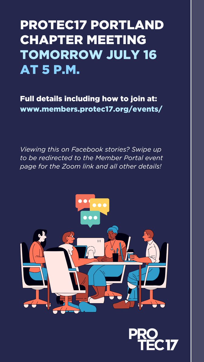 PTE17's tweet image. Portland members, don't forget out third Thursday chapter meeting TOMORROW July 16 at 5 p.m.! Hope to see you online! π±π»
As always, details can be found in your personal email and on the Member Portal (members.protec17.org/events).