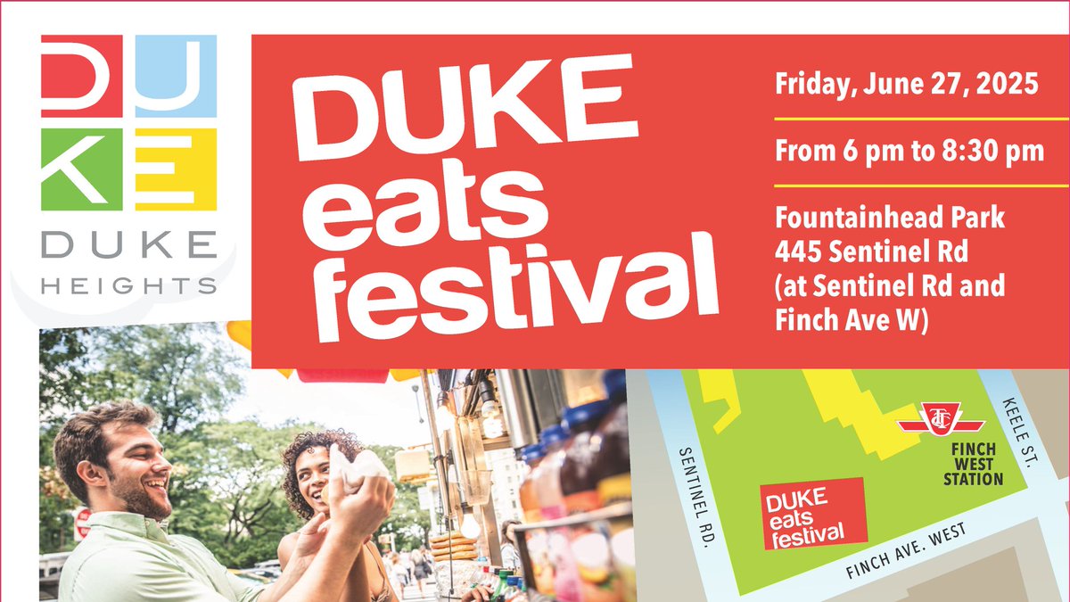 🍴🎉 DUKE Eats Festival is tomorrow!
📍Fountainhead Park – 445 Sentinel Rd
📅 Friday, June 27, 2025 | ⏰ 6:00 PM

Join us for a FREE evening of Toronto’s best food trucks, live DJ, performers, kids’ games, face painting, art, free bike tune-ups &amp; more! 👨‍👩‍👧‍👦 
#dukeeats #Toronto