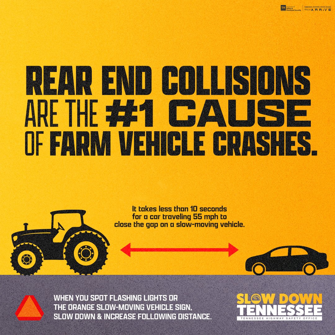 TNHSO's tweet image. Rear end collisions are the number one cause of farm vehicle crashes. When you spot flashing lights or the orange slow-moving vehicle sign, slow down immediately and increase following distance. #ShareTheRoad #RuralRoadSafety