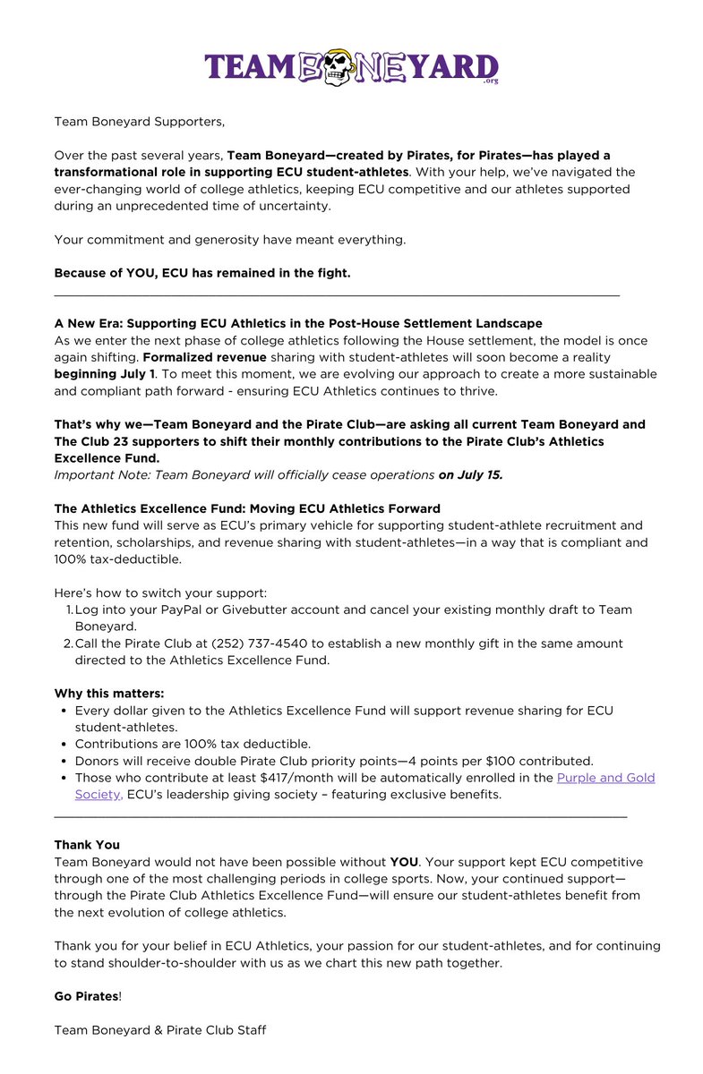 ⚠️ Team Boneyard Supporters: The time has come. 🏴‍☠️

For the last few years, you’ve fueled ECU Athletics through one of the most uncertain eras in college sports. Now, we’re entering a new phase, one that requires all of us to evolve once again.

To continue supporting ECU
