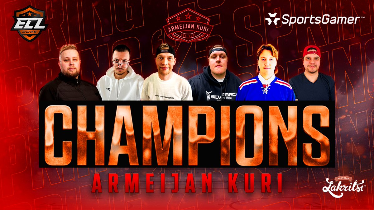 🏆 CHAMPIONS! 🏆
Armeijan Kuri are your #ECL25Spring Core Champions - clinching the title in a thrilling Game 7 finale!

A season of steady performances ends with the ultimate reward and promotion to Lite.
Congrats to the whole team! 🔥

#eHockey | #NHL25 | #KouvolanLakritsi