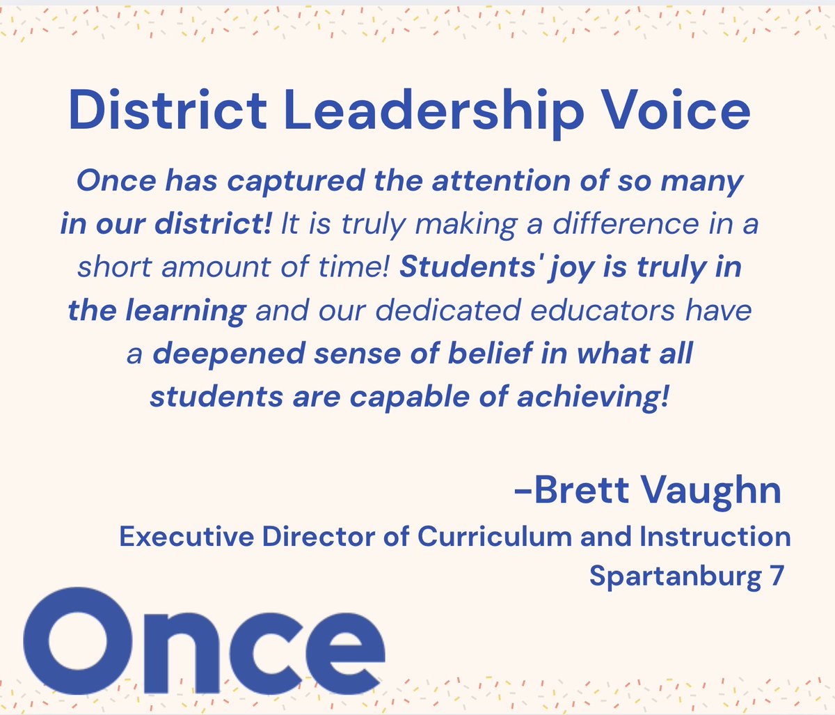 Once (@once_reading) on Twitter photo "Once has captured the attention of so many in our district! It is truly making a difference in a short amount of time!"
- Brett Vaughn, Executive Director of Curriculum and Instruction
<a href="/SpartanburgD7/">SpartanburgSchoolDistrict7</a> "Once has captured the attention of so many in our district! It is truly making a difference in a short amount of time!"
- Brett Vaughn, Executive Director of Curriculum and Instruction
<a href="/SpartanburgD7/">SpartanburgSchoolDistrict7</a>