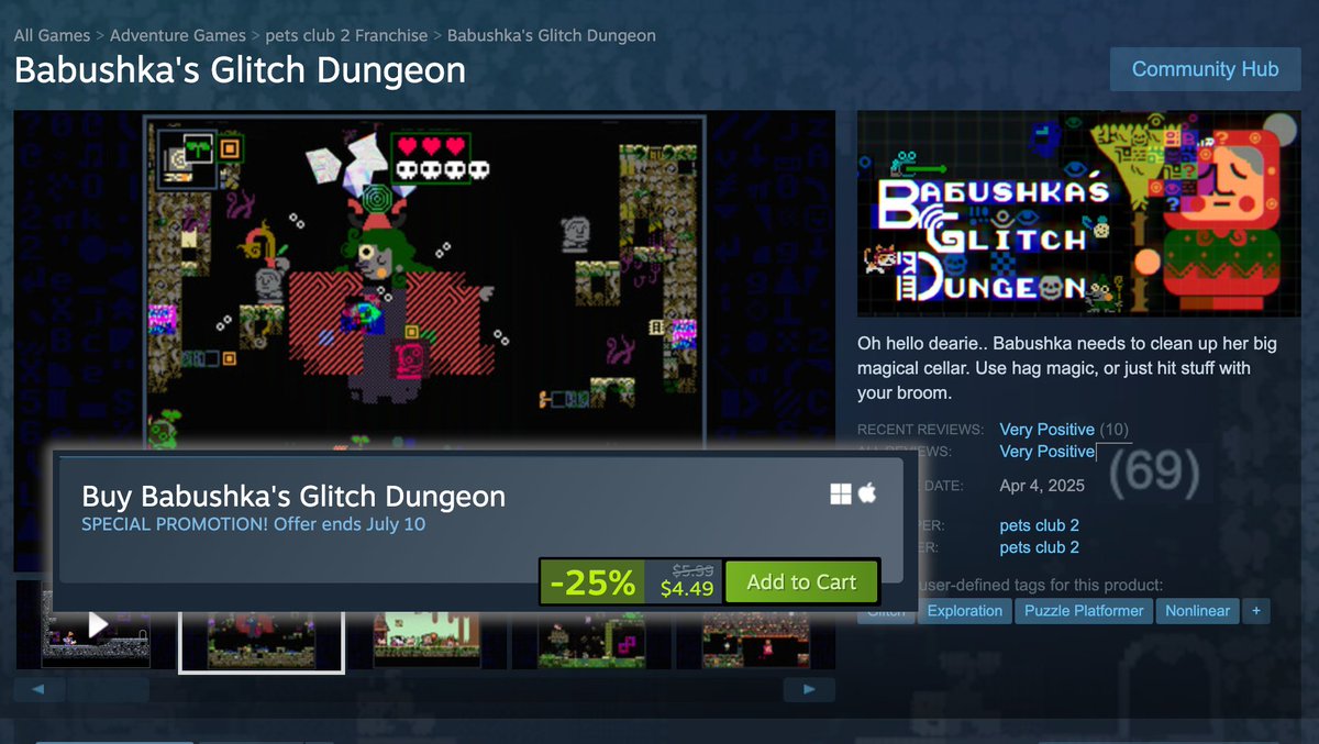 jakeonaut's tweet photo. Babushka's Glitch Dungeon is on Sale!!!

Very Positive Reviews!! (69) (69) (69)!!!!!!

Only $4.49 until July 10!!!!!!!

#steamsummersale https://t.co/In9nRMTHBc