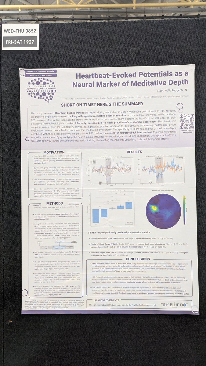 🧠💓 "Listen to your heart" takes on a modern meaning! 

Our #OHBM2025 poster shows how heartbeat-evoked potentials can measure how deeply you're meditating in real time with high fidelity. This work opens doors to personalized meditation training based on the amount of influence