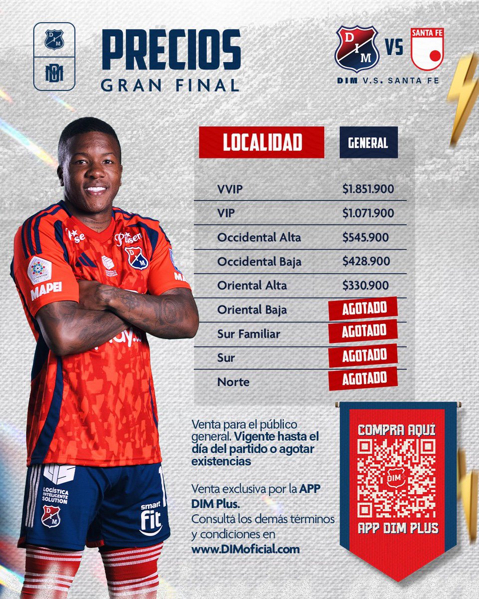 [⭐🔴🔵] ¡JUN7OS POR EL ÚL7IMO PASO!
👉 Habilitada la venta de boletería para la final a público general.
4️⃣ Hasta 4 boletas por usuario.
📲 Venta exclusiva por la app DIM Plus.
⚠️ Agotadas: norte, sur alta, sur familiar y oriental baja.

Este año damos la vuelta con el
