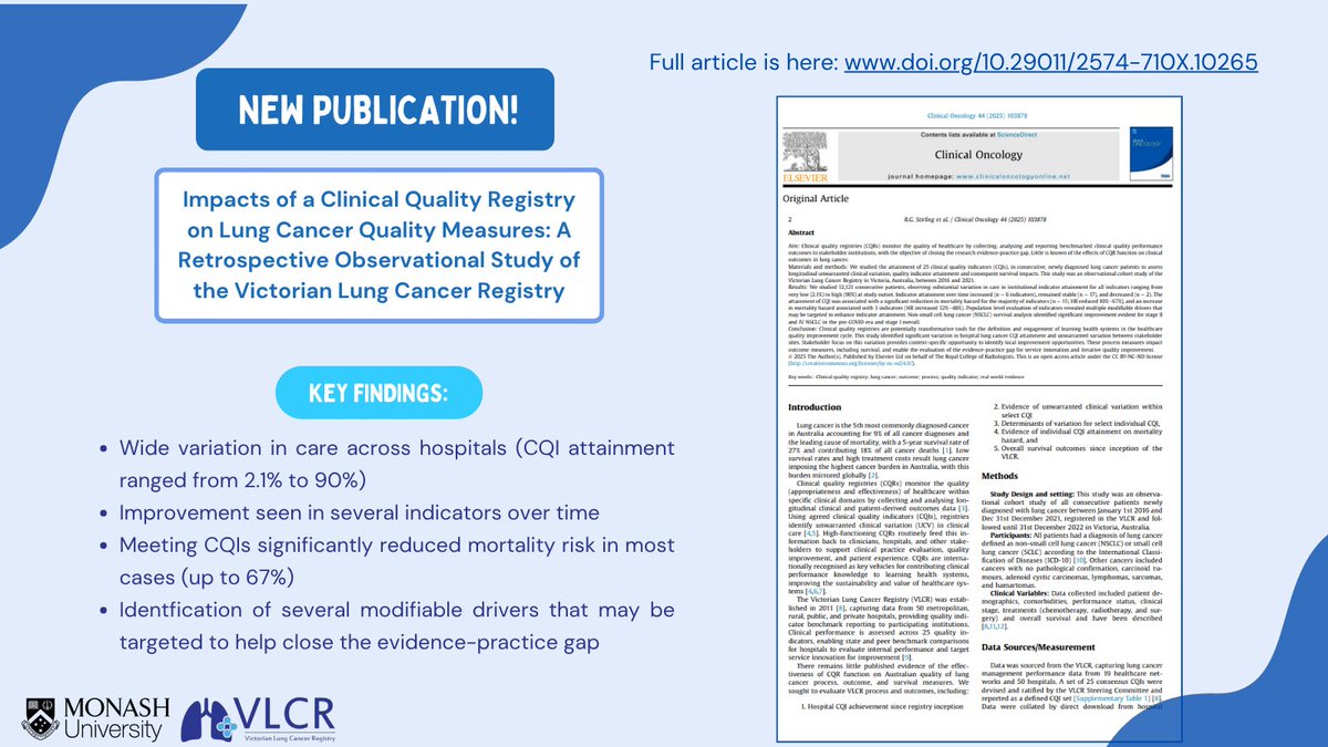 📢 New Research Alert
A study using data from the VLCR  highlights the vital role clinical quality registries play in driving improvements in lung cancer care and patient outcomes. 

#LungCancer #CancerResearch #ClinicalQuality #HealthData #VLCR #RealWorldEvidence