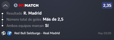 raiderspicks's tweet photo. 🌙 Rapidita para los nocturnos 
⚽️ Gana Madrid + +2.5 goles + Ambos marcan
🆚 Real Madrid vs Salzburgo
🕒 03:00 AM
💥 Cuota 2.35 https://t.co/F4Rpemkkao