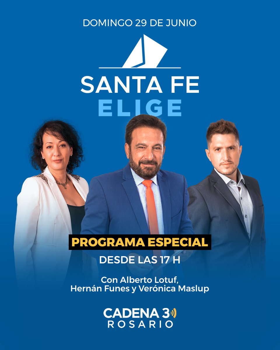 Cadena 3 Rosario (@cadena3_rosario) on Twitter photo 🗳️ Este domingo, la provincia vota y Cadena 3 Rosario despliega un gran operativo para seguir cada instante.
📻 A partir de las 17, programa especial con la conducción de Alberto Lotuf (<a href="/albertolotuf/">Alberto Lotuf</a>), junto a Hernán Funes (<a href="/HernanFunes/">Hernán Funes</a>) y Verónica Maslup (<a href="/vmaslup/">Vero Maslup</a> ). 🗳️ Este domingo, la provincia vota y Cadena 3 Rosario despliega un gran operativo para seguir cada instante.
📻 A partir de las 17, programa especial con la conducción de Alberto Lotuf (<a href="/albertolotuf/">Alberto Lotuf</a>), junto a Hernán Funes (<a href="/HernanFunes/">Hernán Funes</a>) y Verónica Maslup (<a href="/vmaslup/">Vero Maslup</a> ).