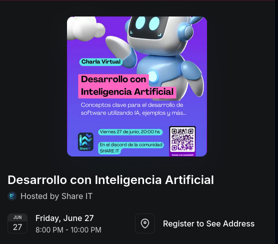 shareit_lat's tweet image. RECORDATORIO: No se pierdan mañana la charla sobre Desarrollo de Software con IA de la mano de @NachoPNG 

Fecha, hora, lugar y más detalles en nuestro evento en Luma 👇

lu.ma/j5h2gd45 via @LumaHQ