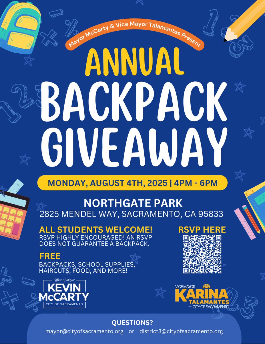 MayorMcCarty's tweet image. All students deserve the supplies they need to have a successful school year.
@CM_Talamantes & I are partnering to ensure kids across Sacramento are ready to learn!
Join us Aug 4, 4-6pm for our Annual Backpack Giveaway ➡️ eventbrite.com/e/mayor-mccart….
