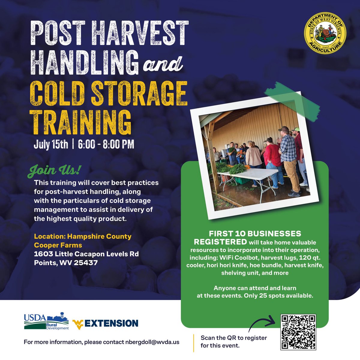 Mark your calendar for a FREE Post Harvest Handling and Cold Storage Training workshop on July 15! Seating is limited, so register today for this great learning opportunity at: form.jotform.com/251405855266157.