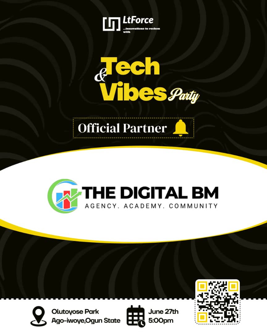 ltforcehq's tweet image. 🚀 Excited to have The Digital BM as an Official Partner for Tech &amp;amp; Vibes Party!

Tech, connections &amp;amp; good vibes — don’t miss it!

📍 Ago-Iwoye | 🗓 June 27 | 🕔 5PM

🎟 ltforce.com/events

#TechAndVibesParty #TheDigitalBM #InnovationInAfrica