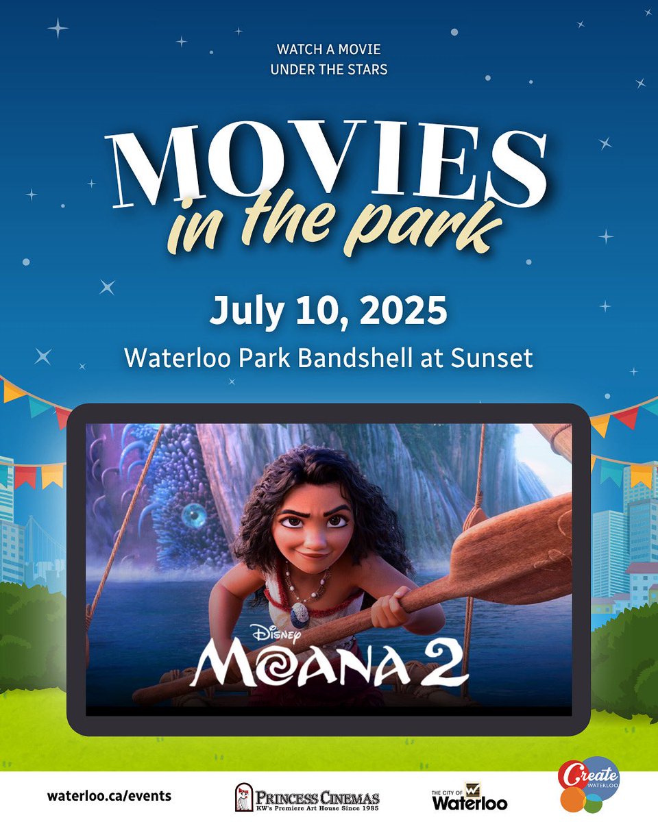 🎬Moana 2 sails into Movies in the Park on Thursday, July 10 — and you’re invited on the adventure!🌊🌺

🪸⛵️ Bring the whole fam, your comfiest blanket, and join us beyond the reef. Snacks will be available for purchase.

⏰ Begins after sunset
📍 Waterloo Park Bandshell