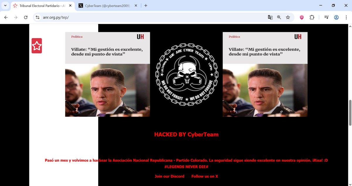 Asociación Nacional Republicana, Partido Colorado - Paraguay

Pasó un mes y volvimos a hackear. La seguridad sigue siendo excelente en nuestra opinión. ¡Risa! 😄

site:anr.org.py/tep/

#CyberTeam #Hacked