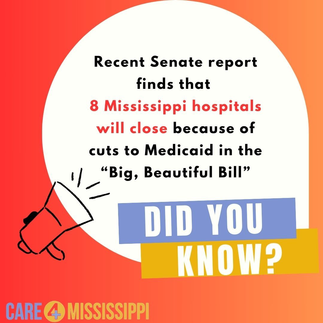 Care4MS's tweet photo. 🚨 8 Mississippi hospitals could shut down under the "Big Beautiful Bill," which slashes $1T from Medicaid/ACA &amp; $500B from Medicare — the largest health care cuts in U.S. history. Mississippi families will pay the price. #HandsOffMedicaid #IAmMedicaidMS #ProtectMedicaid #Care4MS https://t.co/Bn6NWpmhNR