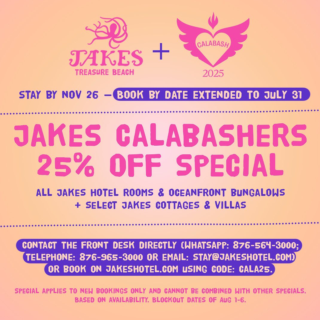 Jakes Hotel (@jakeshotel) on Twitter photo Calabashers, here’s more time for you to make your plans.
Contact the front desk for details.
Visit jakeshotel.com
Follow <a href="/calabashfest/">Calabash Festival</a>
#calabash2025 Calabashers, here’s more time for you to make your plans.
Contact the front desk for details.
Visit jakeshotel.com
Follow <a href="/calabashfest/">Calabash Festival</a>
#calabash2025