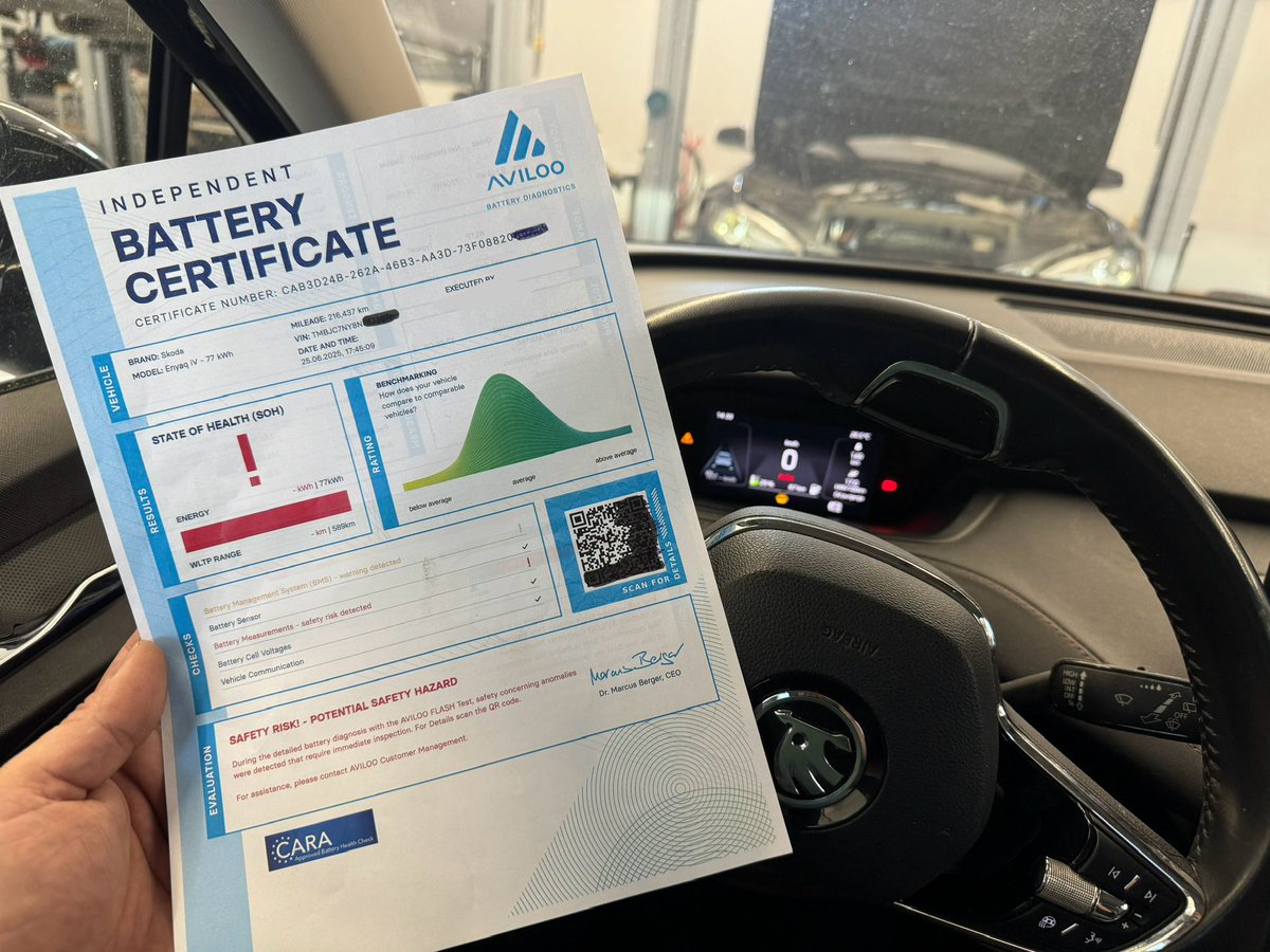 evclinic's tweet image. EV Clinic Battery Certificate
You’re buying an electric vehicle and wondering – how can you reliably assess the condition of the high-voltage battery? We asked ourselves the same question at first. The commonly used SOH (State of Health) is often treated as the main indicator of…