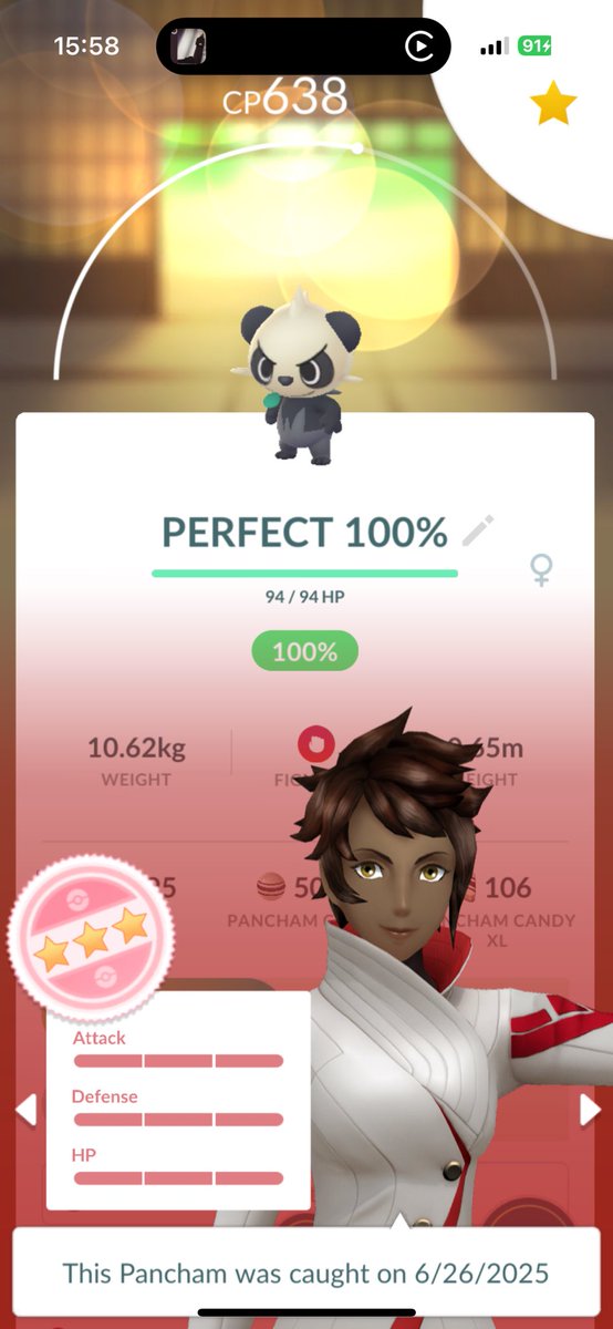 BlueToed's tweet photo. My 161st Perfect Pokémon. Let’s go! How many do y’all have ? Drop a photo below! #PokemonGo #Hundo #Pancham #Perfect #FourStar #Panda ✌🏼💙🐒🕹️ https://t.co/LbUPhw818Y