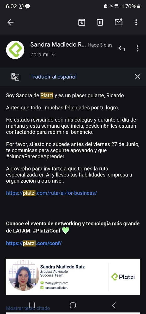 RICKYNOVICH's tweet photo. @agapitox Buenas tardes, ya te solucionaron la licencia de @n8n_io ?
@platzi me informó que hasta mañana harían ese tramite que si no sucedía,  que me comunicara con ellos nuevamente.
Que has sabido ? https://t.co/ZBpnJnsgjY