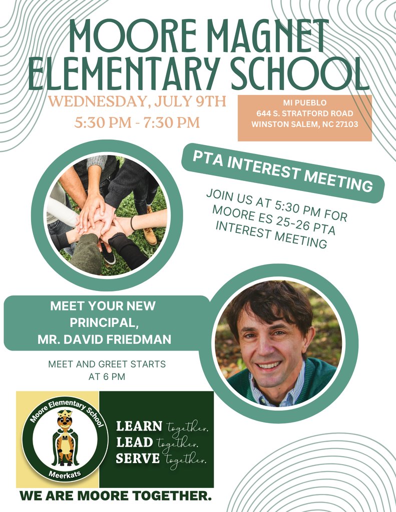 moore_magnet's tweet photo. Meerkats, we hope to see you on July 9th, from 5:30 pm to 7:00 pm at Mi Pueblo on Stratford Road. 

25-26 PTA Interest Meeting at 5:30 pm, followed by an opportunity to meet Moore's new Principal, Mr. David Friedman. https://t.co/gPcXeAXpPC