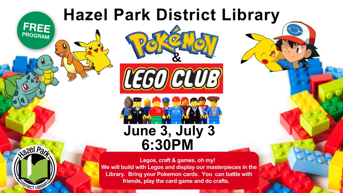 Join us at the Library for a Kid's Bingo program on Tuesday, July 1st at 1pm.  We also have a Pokemon/Lego Club program at 6:30pm.