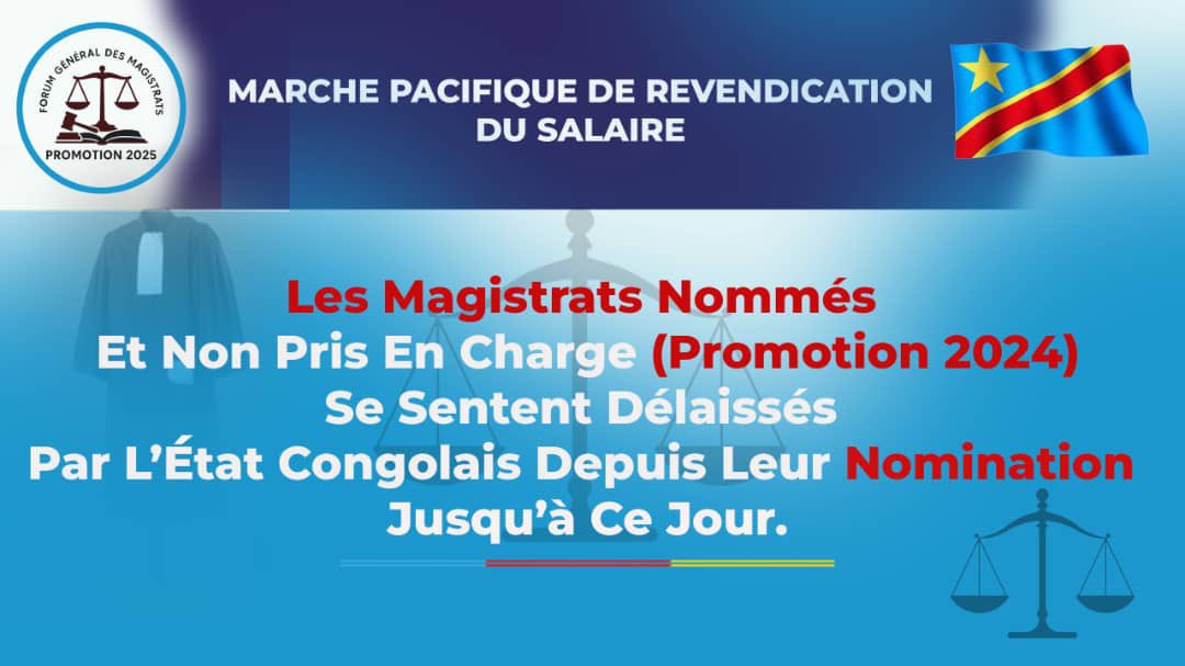 #RDC🇨🇩: Les Magistrats récemment nommés depuis le 28 Mars 2025 par le Président Félix Tshisekedi projettent une marche pacifique dès la première semaine du mois de Juillet suite au non paiement de leur salaire depuis 3 mois déjà.