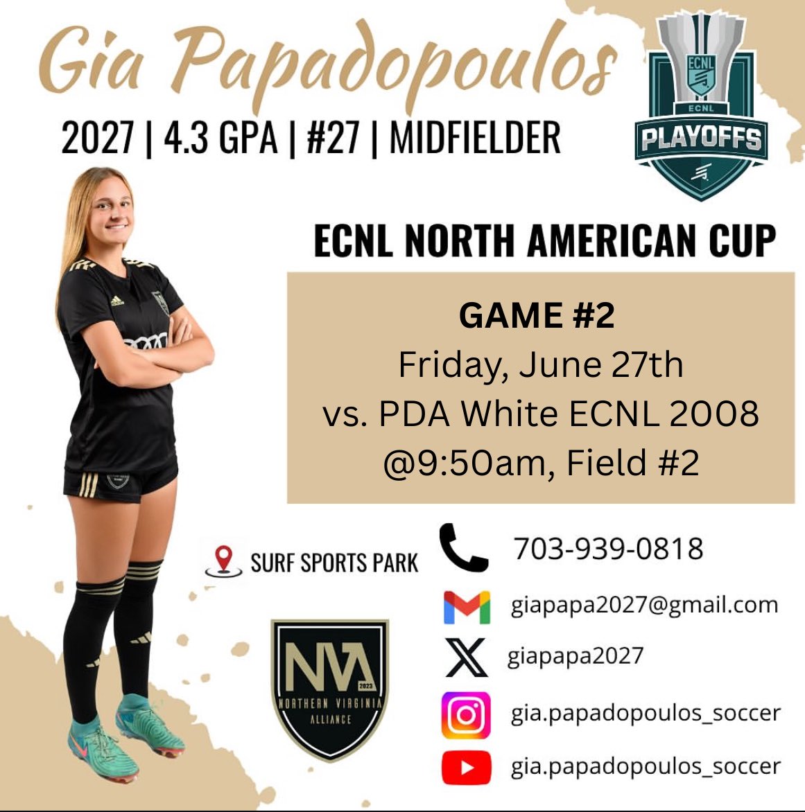 Giovanna (Gia) Papadopoulos 2027 (@giapapa2027) on Twitter photo Excited for Game 2️⃣ of <a href="/ECNLgirls/">ECNL Girls</a> playoffs tomorrow!
<a href="/ImYouthSoccer/">ECNL/GA/Recruiting/College Soccer</a> <a href="/PrepSoccer/">Prep Soccer ⚽️</a> <a href="/TopDrawerSoccer/">TopDrawerSoccer</a>
<a href="/ECNLMidNorth/">ECNL Mid Atlantic & North Atlantic</a> Excited for Game 2️⃣ of <a href="/ECNLgirls/">ECNL Girls</a> playoffs tomorrow!
<a href="/ImYouthSoccer/">ECNL/GA/Recruiting/College Soccer</a> <a href="/PrepSoccer/">Prep Soccer ⚽️</a> <a href="/TopDrawerSoccer/">TopDrawerSoccer</a>
<a href="/ECNLMidNorth/">ECNL Mid Atlantic & North Atlantic</a>