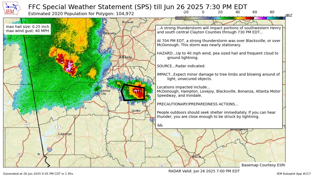 iembot_ffc's tweet photo. A strong thunderstorm will impact portions of southwestern Henry and south central Clayton Counties through 730 PM EDT [wind: 40 MPH, hail: 0.25 IN] https://t.co/q2WVolibWV https://t.co/8cebaGJgTE