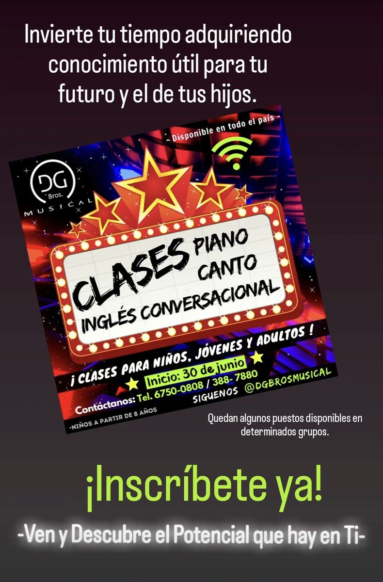 DG Bros. Musical (@dgbrosmusical) on Twitter photo 🇵🇦 Clases de Piano, Canto e Inglés Conversacional 📚
Contáctanos 6750-0808/388-7880
#lascumbres #darien #Colon #panamaoeste #cocle #veraguas #lossantos #chiriqui #herrera #bocasdeltoro #panama #panamanorte #villazaita <a href="/PublicatePTY/">@PublicatePTY 🇵🇦🇵🇦</a> 🇵🇦 Clases de Piano, Canto e Inglés Conversacional 📚
Contáctanos 6750-0808/388-7880
#lascumbres #darien #Colon #panamaoeste #cocle #veraguas #lossantos #chiriqui #herrera #bocasdeltoro #panama #panamanorte #villazaita <a href="/PublicatePTY/">@PublicatePTY 🇵🇦🇵🇦</a>