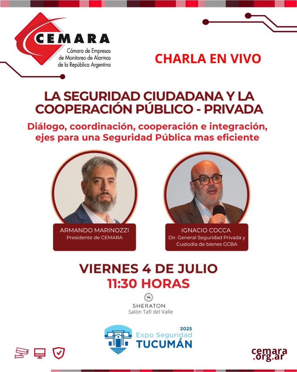 noticiasRNDS's tweet image. 📣 En el marco de #ExpoSeguridad #Tucumán, #CEMARA invita a participar de una charla de alto valor para el sector:

🛡 La #seguridad ciudadana y la cooperación público-privada: diálogo, coordinación, cooperación e integración como ejes para una seguridad pública más eficiente.