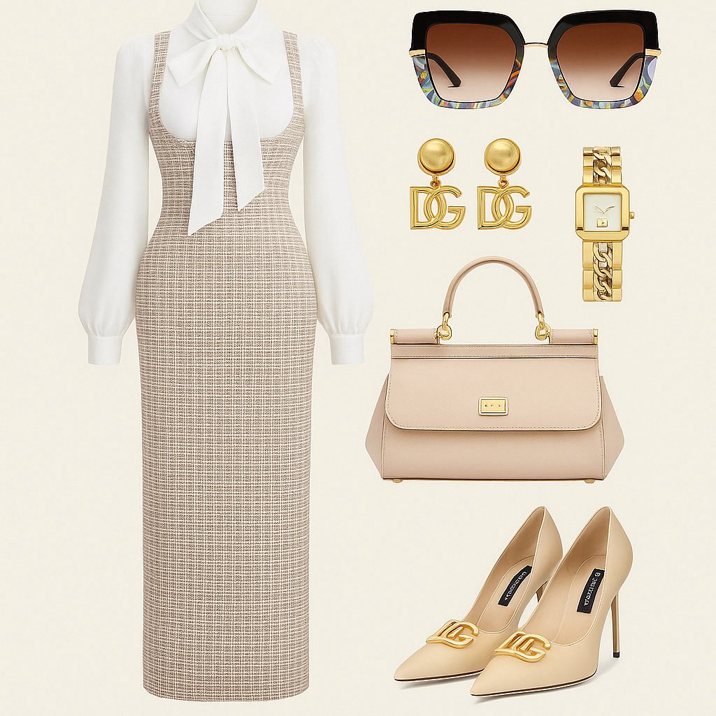 StylistSeerJ's tweet image. ✨Sunday’s Best ✨

👗 Dress: Tweed midi with pussybow blouse
👜 Bag: Dolce Neutrals
👠 Shoes: DG Signature Pumps
🕶️ Sunnies: Statement Faith Vibes
💛 Accessories: Gold D&amp;amp;G Details

#SundayStyle #ChurchFit #ModestChic #FaithAndFashion #DolceMoments #StyleWithGrace #SeerStyle