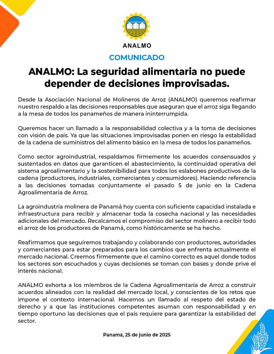 📢 Comunicado

La industria arrocera panameña reafirma su compromiso con Panamá, respaldando decisiones responsables que garanticen que el arroz siga llegando de forma continua, segura y a un precio accesible a la mesa de todos los panameños.

➡️ Creemos en la libre empresa como
