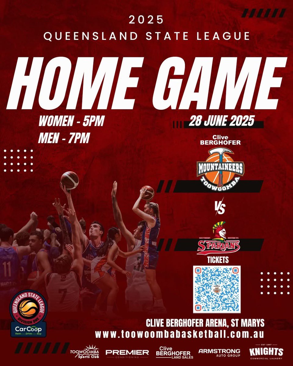twmbabasketball's tweet photo. CarCoop QSL | Home Game

The Clive Berghofer Toowoomba Mountaineers are back at Home this Saturday 28 June as they take on the Southern District Spartans at The Clive Berghofer Arena.

Saturday 28 June 2025
Clive Berghofer Arena, St Mary’s
QSL Women 5pm
QSL Men 7pm https://t.co/S2sqvTMYiL