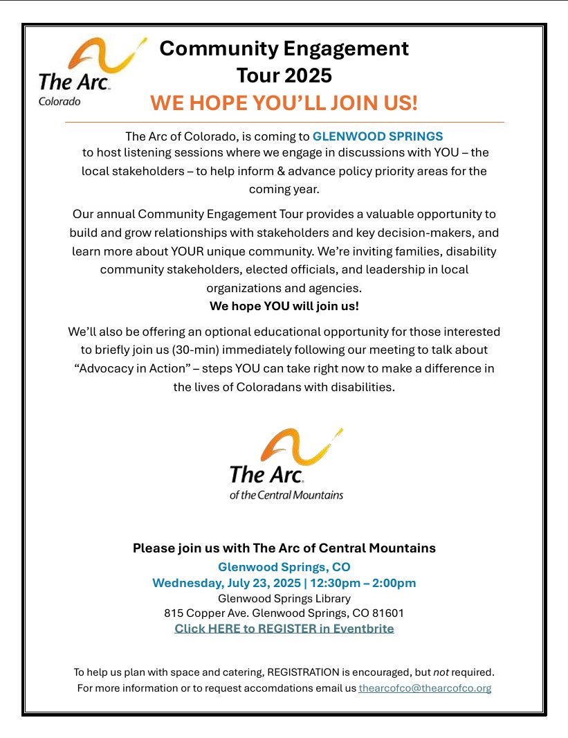 The Arc of Colorado (@thearcofco) on Twitter photo COMMUNITY ENGAGEMENT TOUR 2025 in Glenwood Springs with The Arc of the Central Mountains!
July 23 @ 12:30pm
Glenwood Springs Library
Register HERE: eventbrite.com/e/the-arc-of-c…
We hope YOU will join us!
For more information, email us thearcofco@thearcofco.org COMMUNITY ENGAGEMENT TOUR 2025 in Glenwood Springs with The Arc of the Central Mountains!
July 23 @ 12:30pm
Glenwood Springs Library
Register HERE: eventbrite.com/e/the-arc-of-c…
We hope YOU will join us!
For more information, email us thearcofco@thearcofco.org