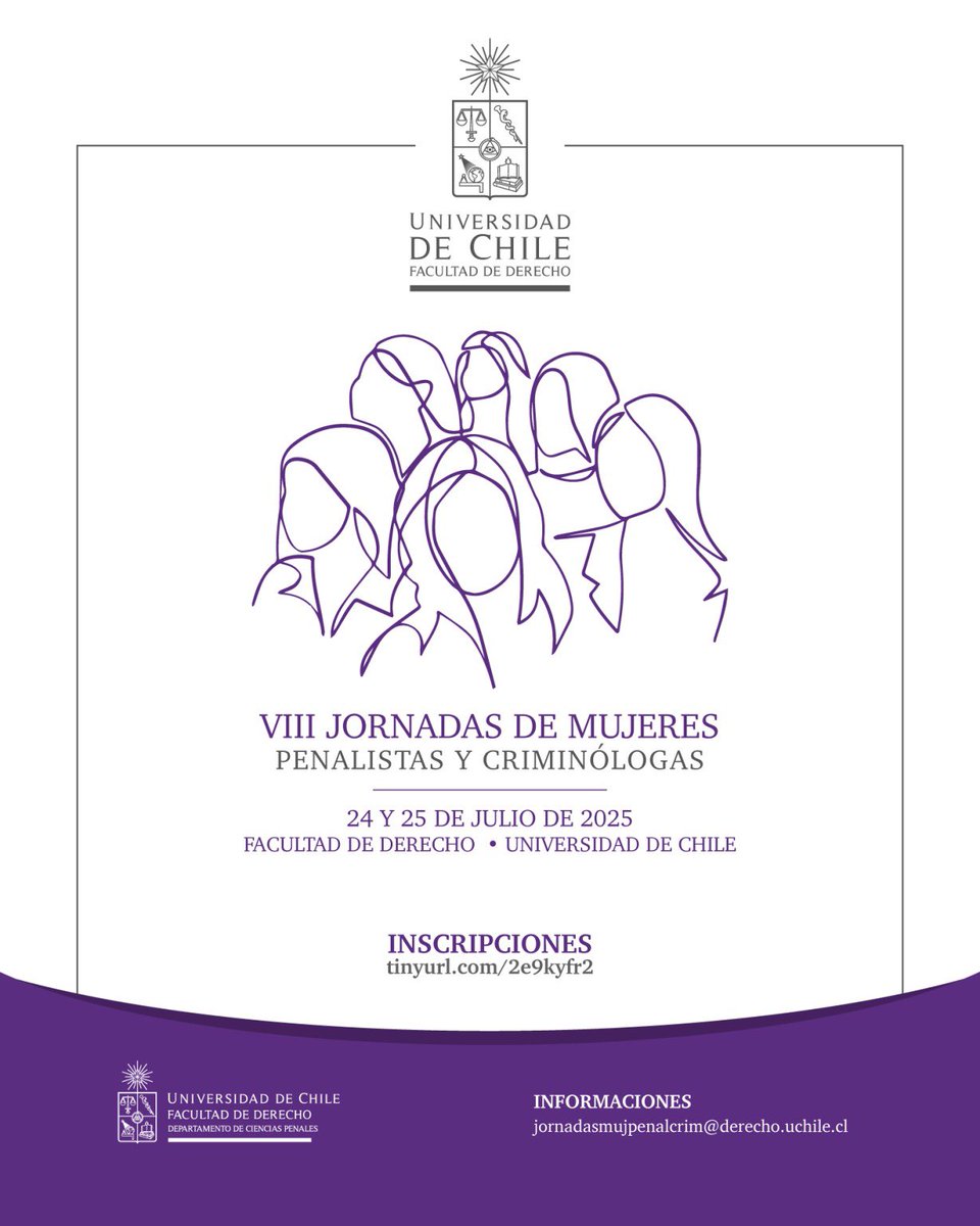 ⚖️ACTIVIDADES| <a href="/derechouchile/">Facultad de Derecho</a> y el Departamento De Ciencias Penales organizan las VIII Jornadas De Mujeres Penalistas y Criminólogas, el evento se llevará a cabo el día jueves 24 y viernes 25 de julio del 2025.

Información acá➡️actualidadjuridica.doe.cl/viii-jornadas-…

#DOE
